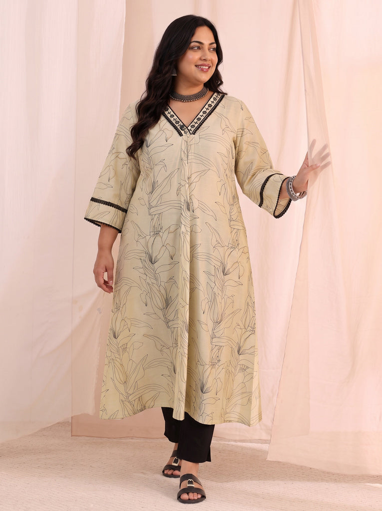 Plus Size Off White Floral Printed Silk Blend A-Line Kurta