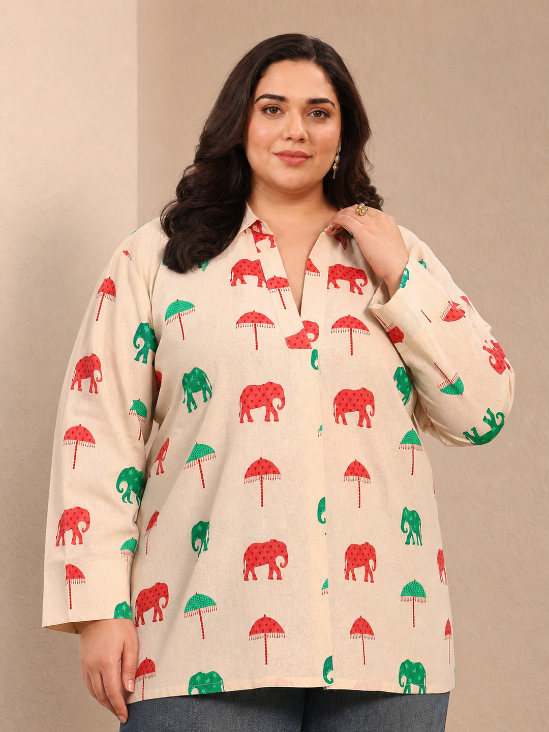 Plus Size Off White Printed Cotton Straight Short Kurti-image-25