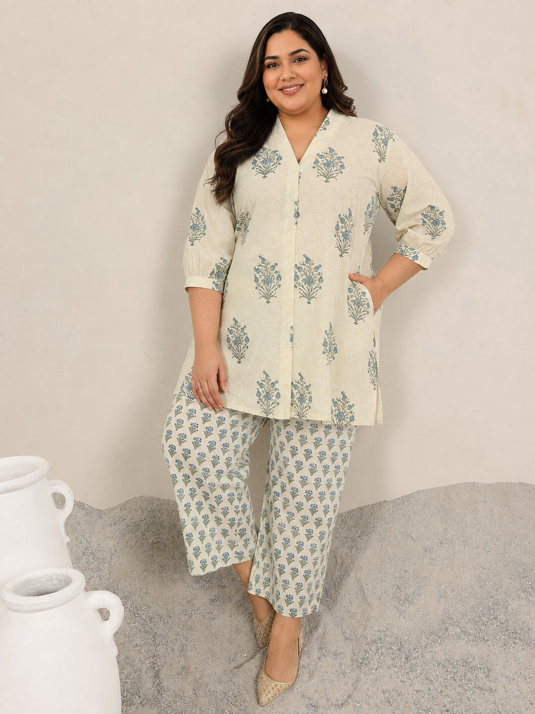  Plus Size Off White Printed Pure Cotton Straight Kurta Set 