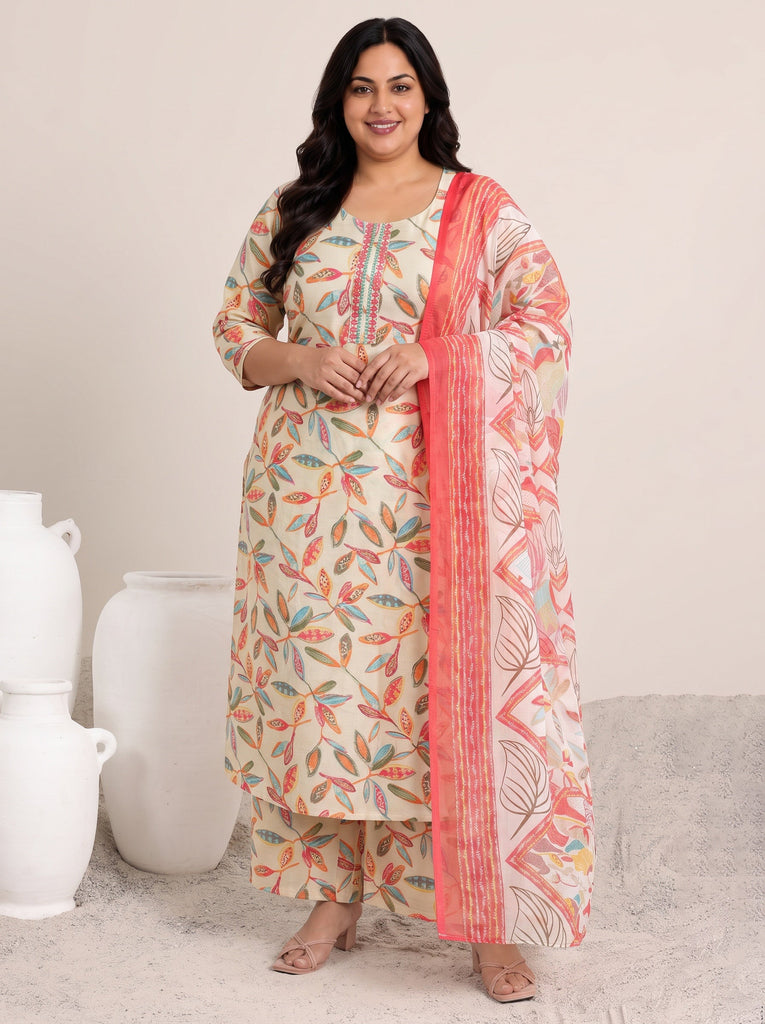 Plus Size Off white Printed Silk Blend Straight Suit Set With Dupatta