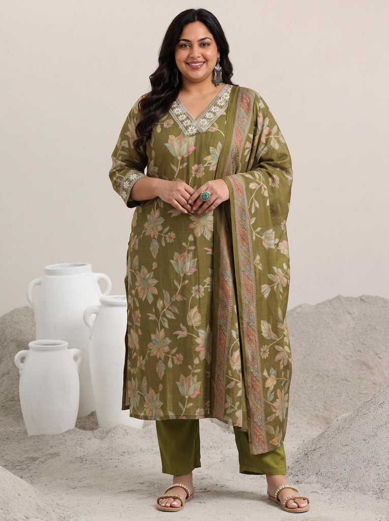 Plus Size Olive Printed Silk Blend Straight Suit With Dupatta