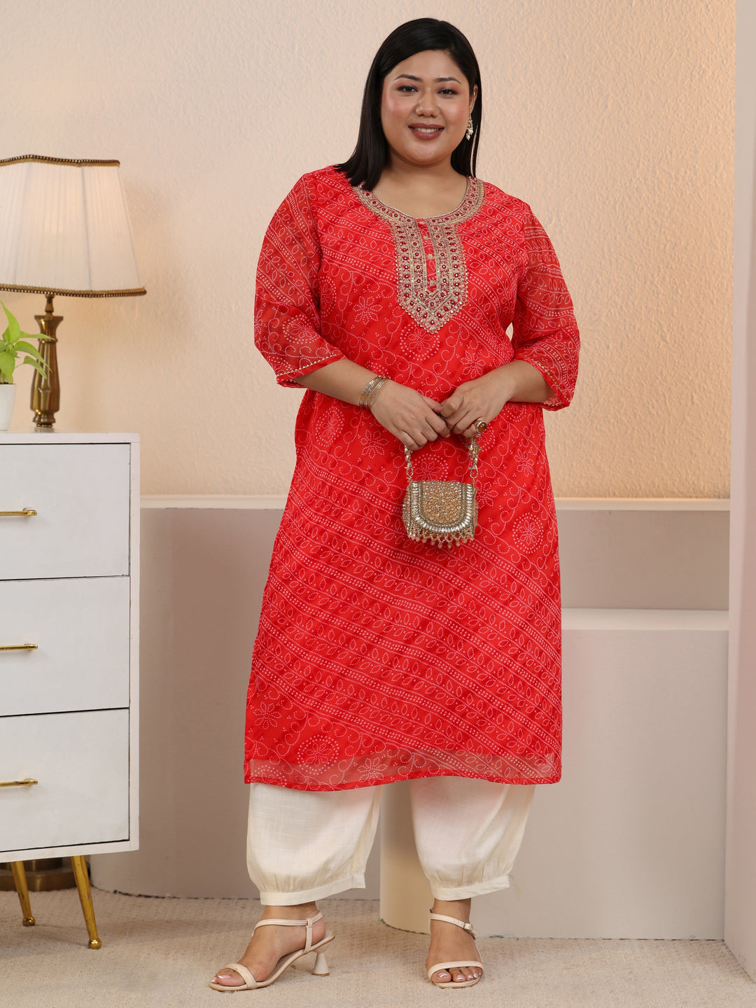  Plus Size Orange Bandhani Printed Chiffon Straight Kurta 