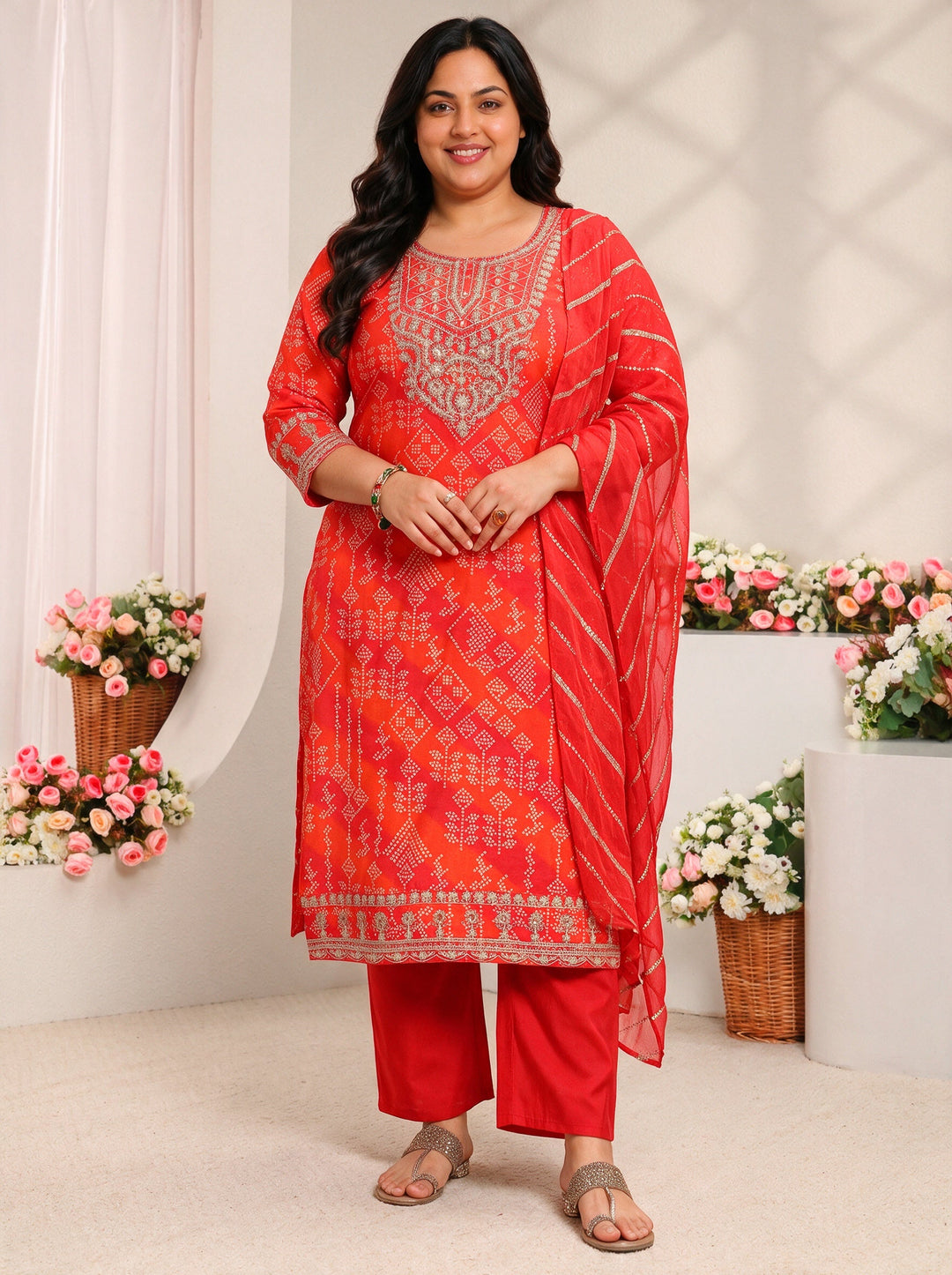 Plus Size Orange Bandhani Printed Silk Blend Straight Suit Set