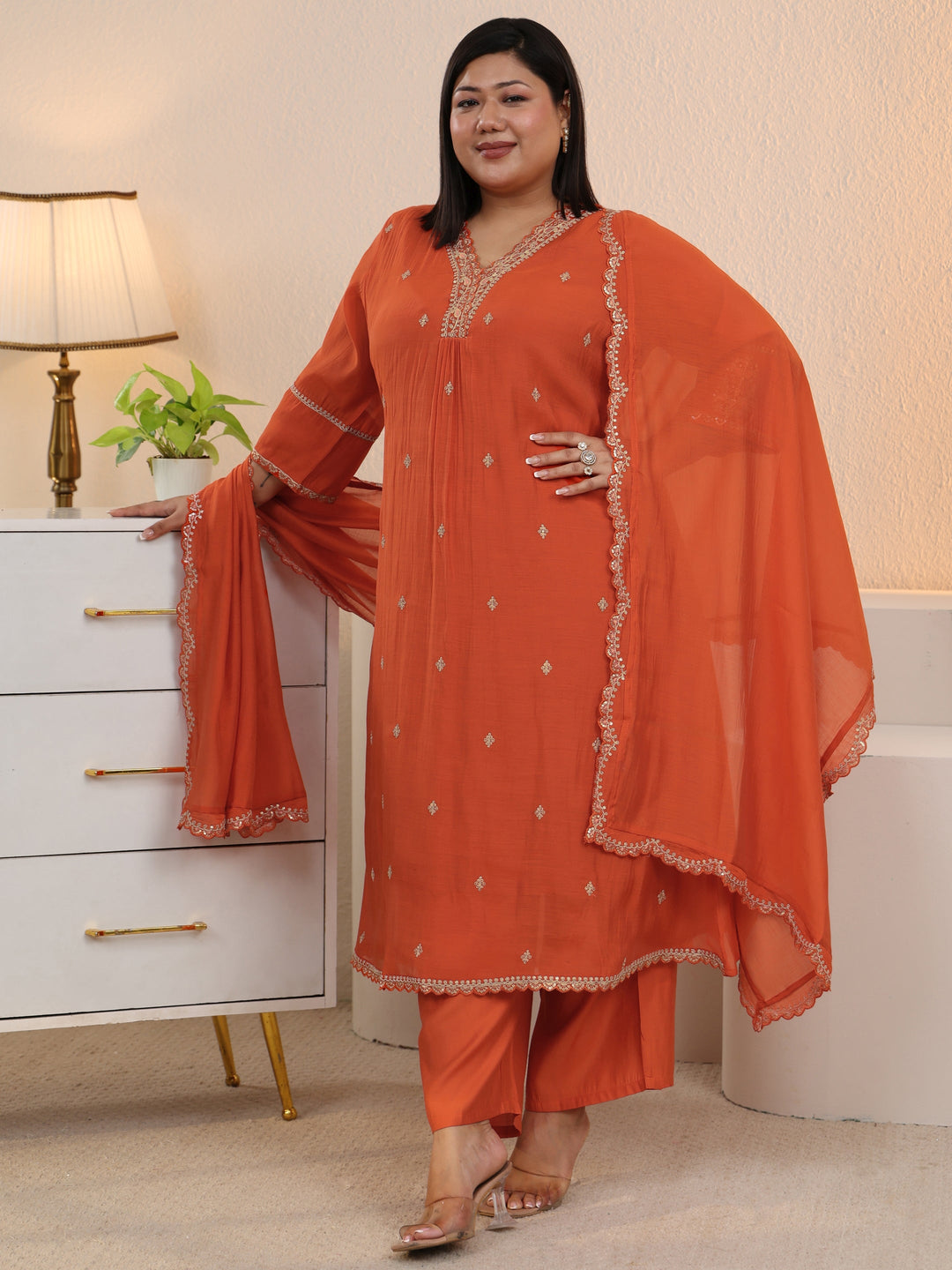  Plus Size Orange Embroidered Chanderi Cotton A-Line Suit Set 