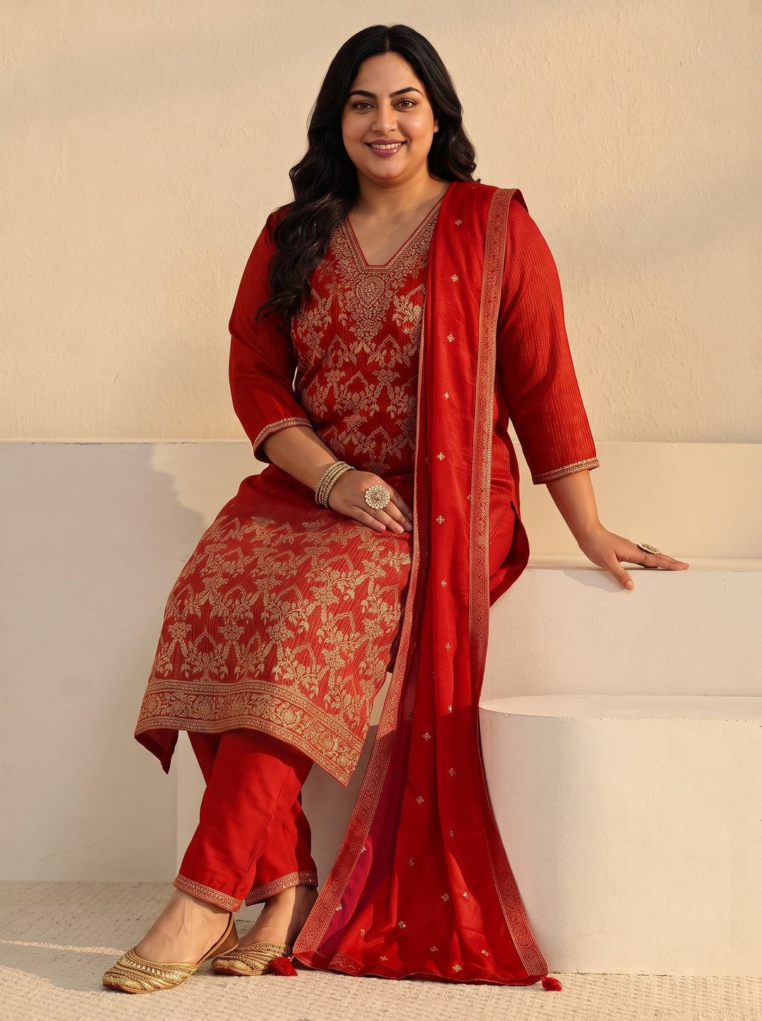  Plus Size Orange Floral Embroidered Silk Blend Straight Suit Set 