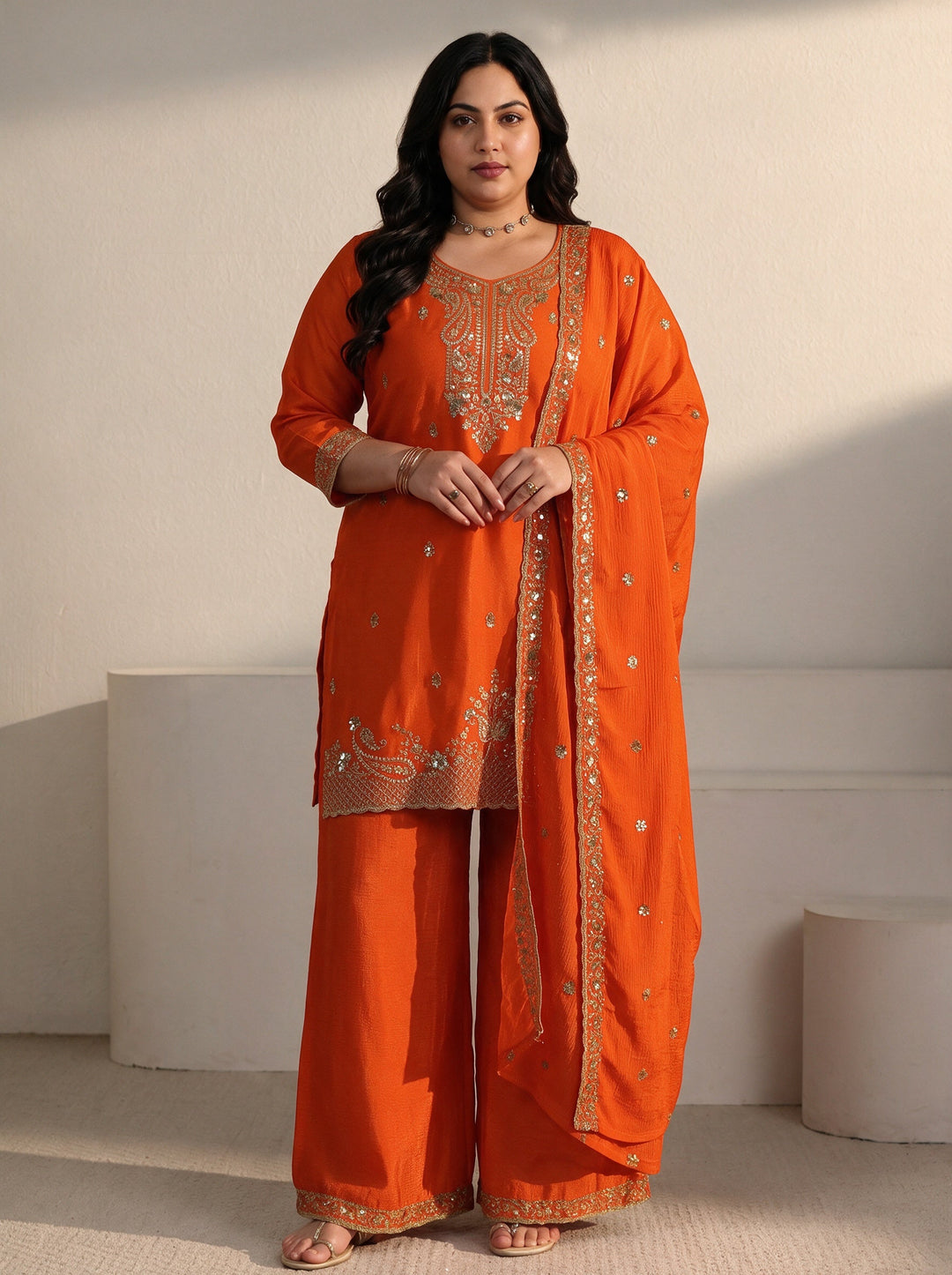 Plus Size Orange Sequin Embellished Chinon Palazzo Suit Set
