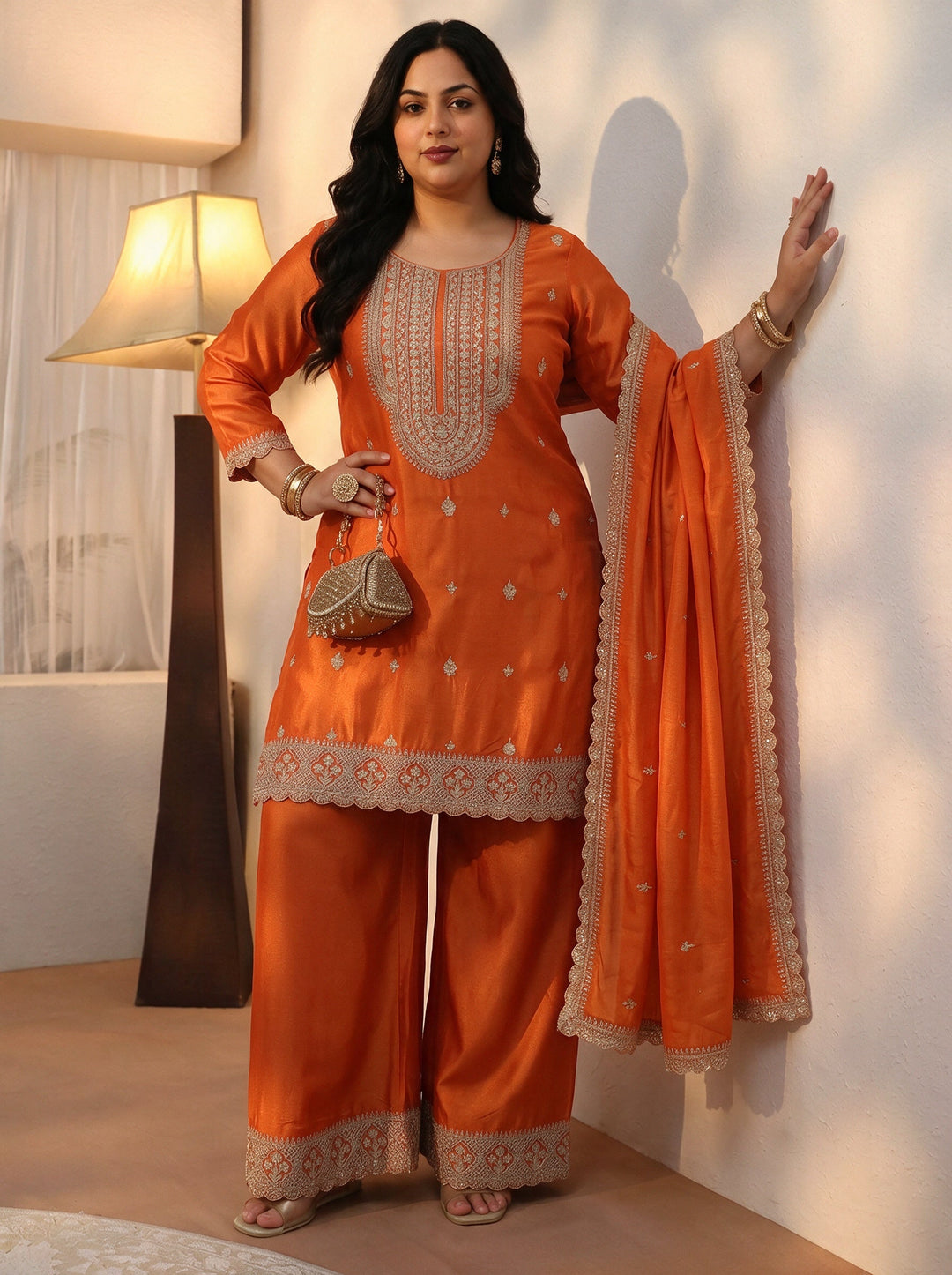 Plus Size Orange Yoke Design Embroidered Chinon Palazzo Suit Set