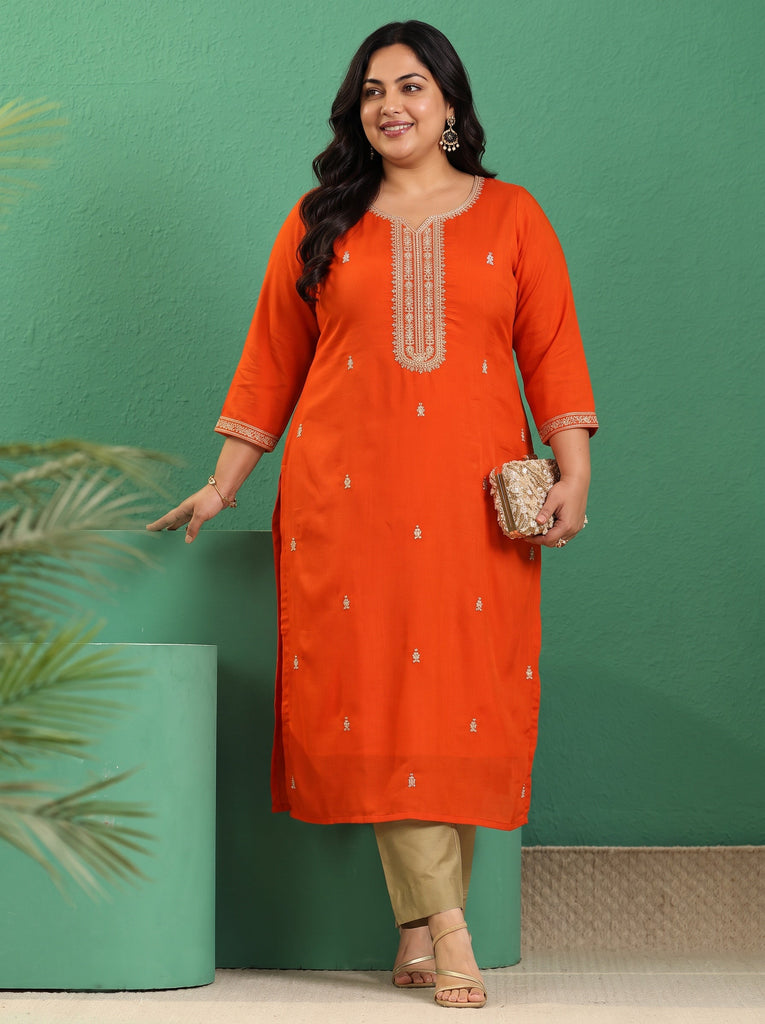 Plus Size Orange Yoke Embroidered Silk Blend Straight Kurta
