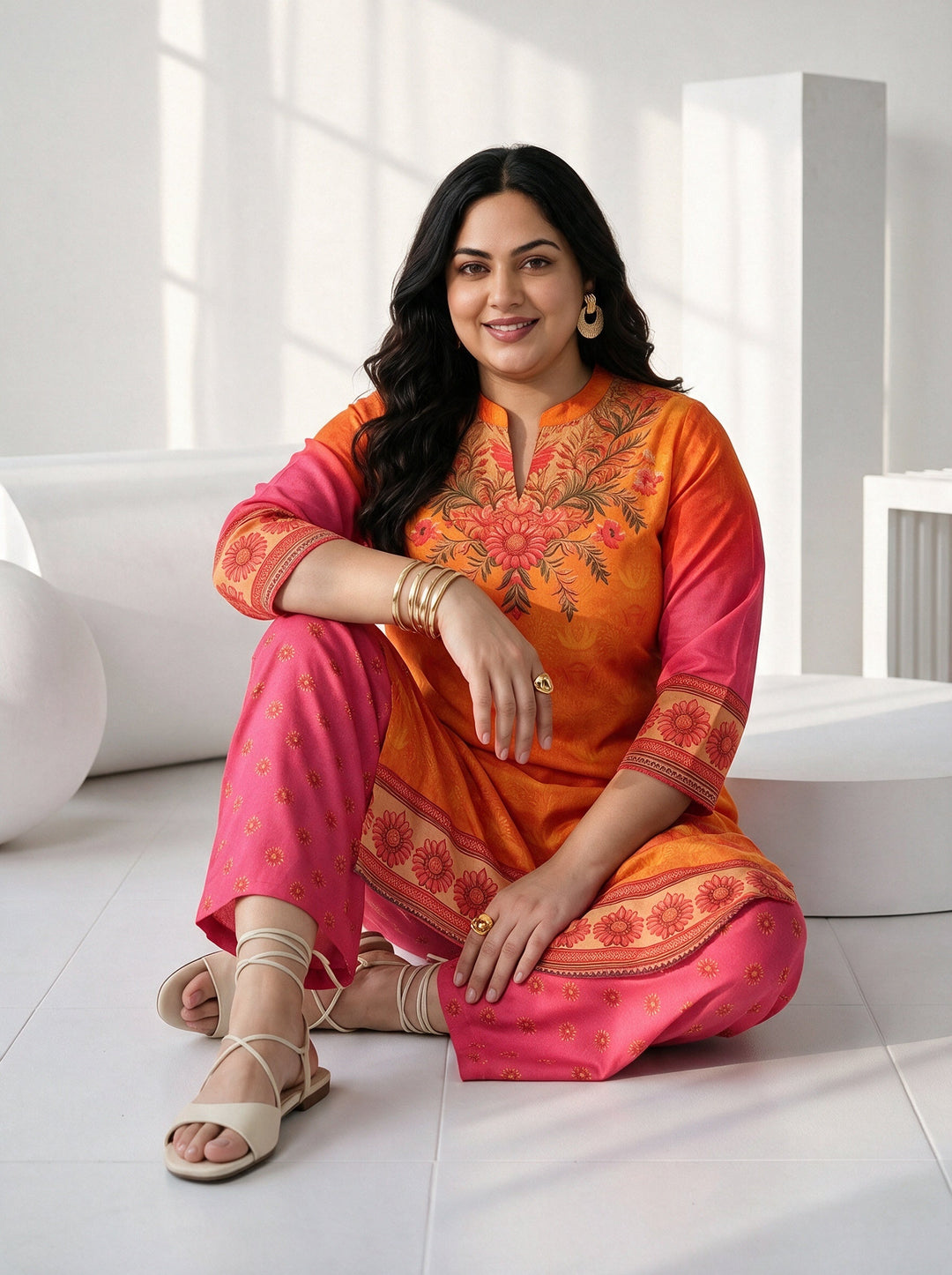 Plus Size Orange and Pink Printed Chiffon Straight Kurta Set