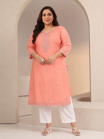 Plus Size Peach Embroidered Silk Blend Straight Kurta
