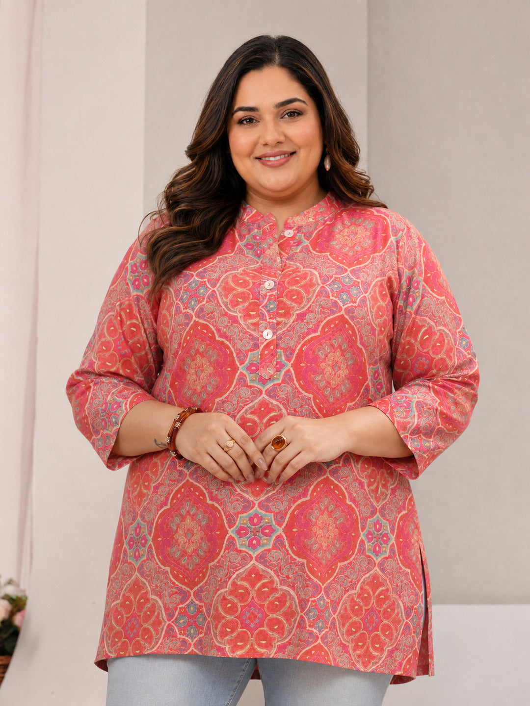  Plus Size Peach Ethnic Printed Silk Blend Tunic 