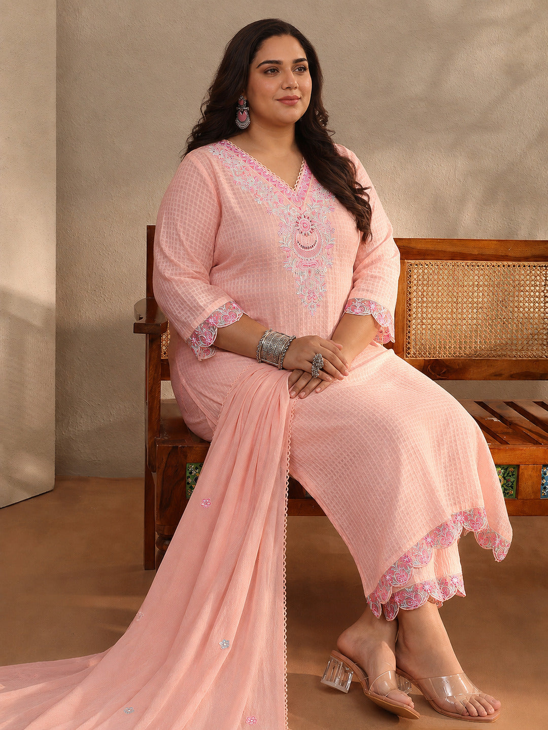 Plus Size Peach Floral Self Design Cotton Blend Straight Suit Set With Dupatta-image-40