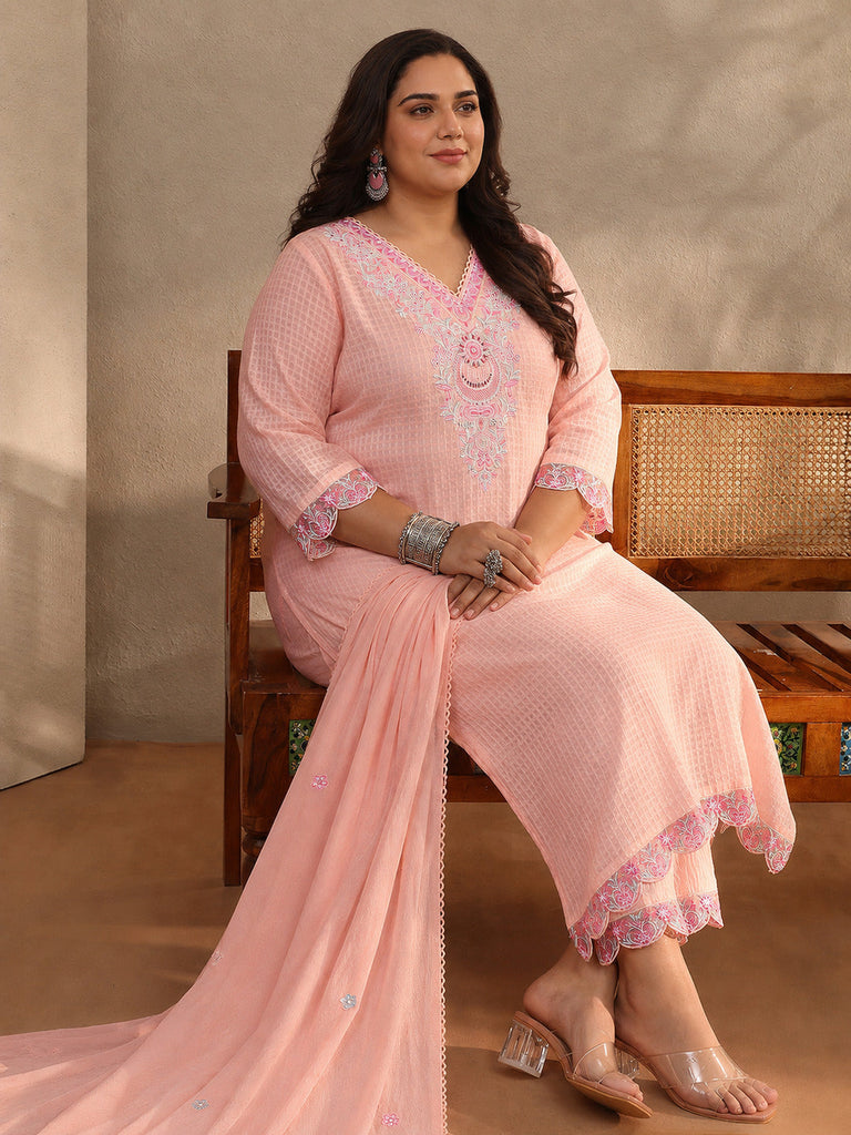 Plus Size Peach Floral Self Design Cotton Blend Straight Suit Set With Dupatta