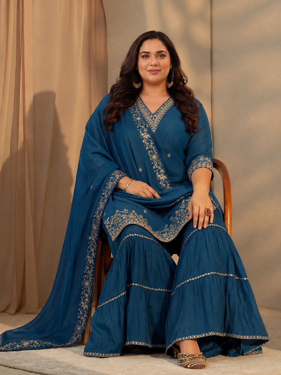 Plus Size Persian Blue Embellished Chanderi Cotton Sharara Suit Set