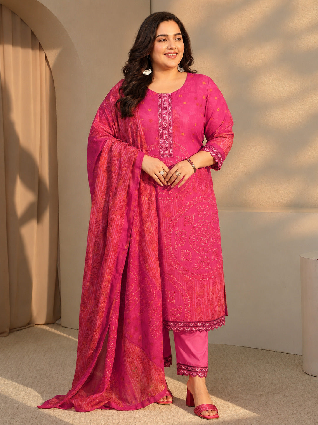 libas Plus Size Pink Bandhani Print Straight Cotton Suit Set-picture-19