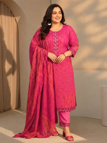Plus Size Pink Bandhani Print Straight Cotton Suit Set