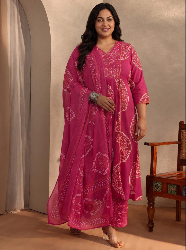 Plus Size Pink Bandhani Printed Cotton Blend A-Line Suit Set With Dupatta