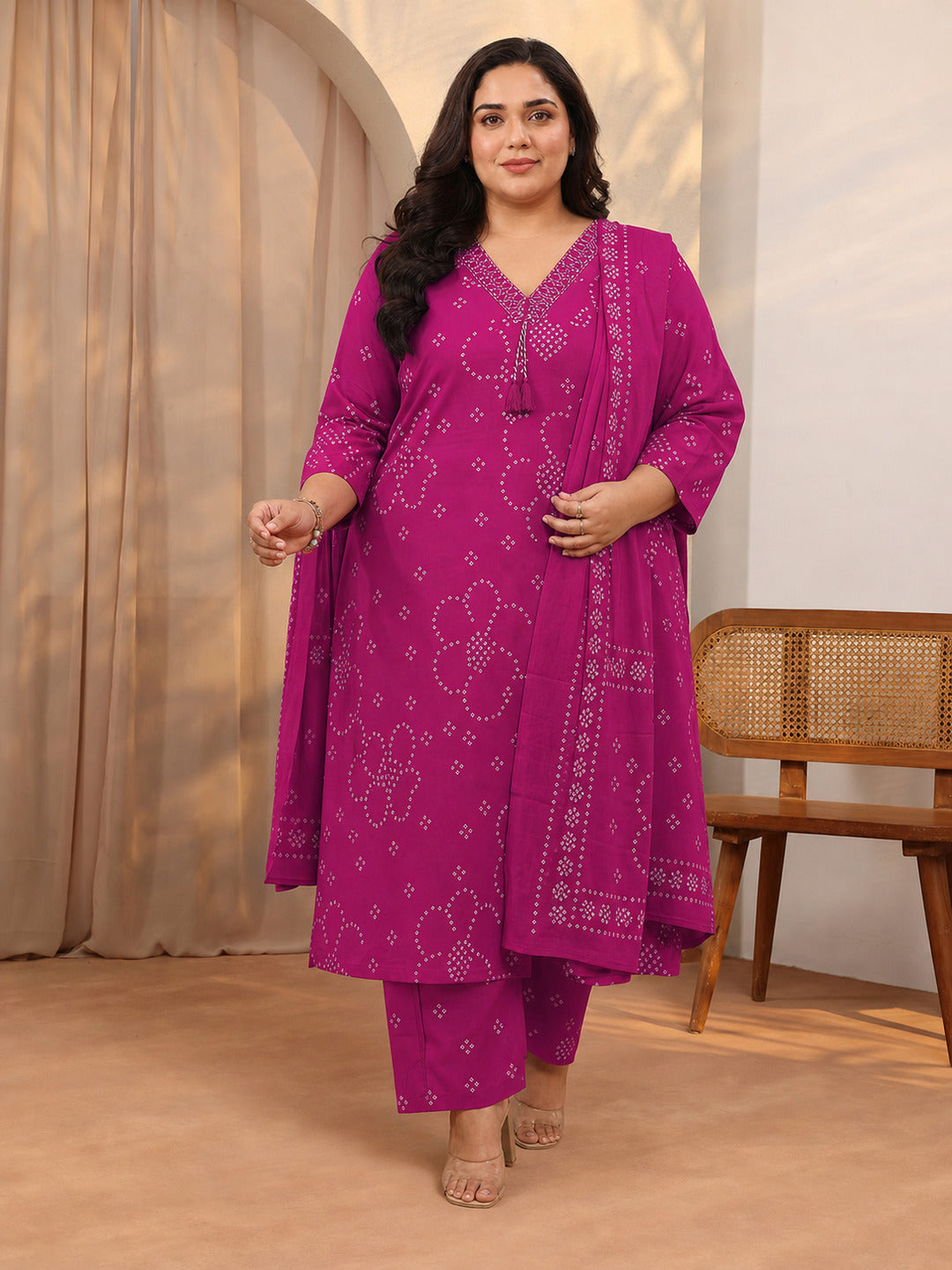 libas Plus Size Pink Bandhani Printed Cotton Suit Set With Dupatta-picture-31