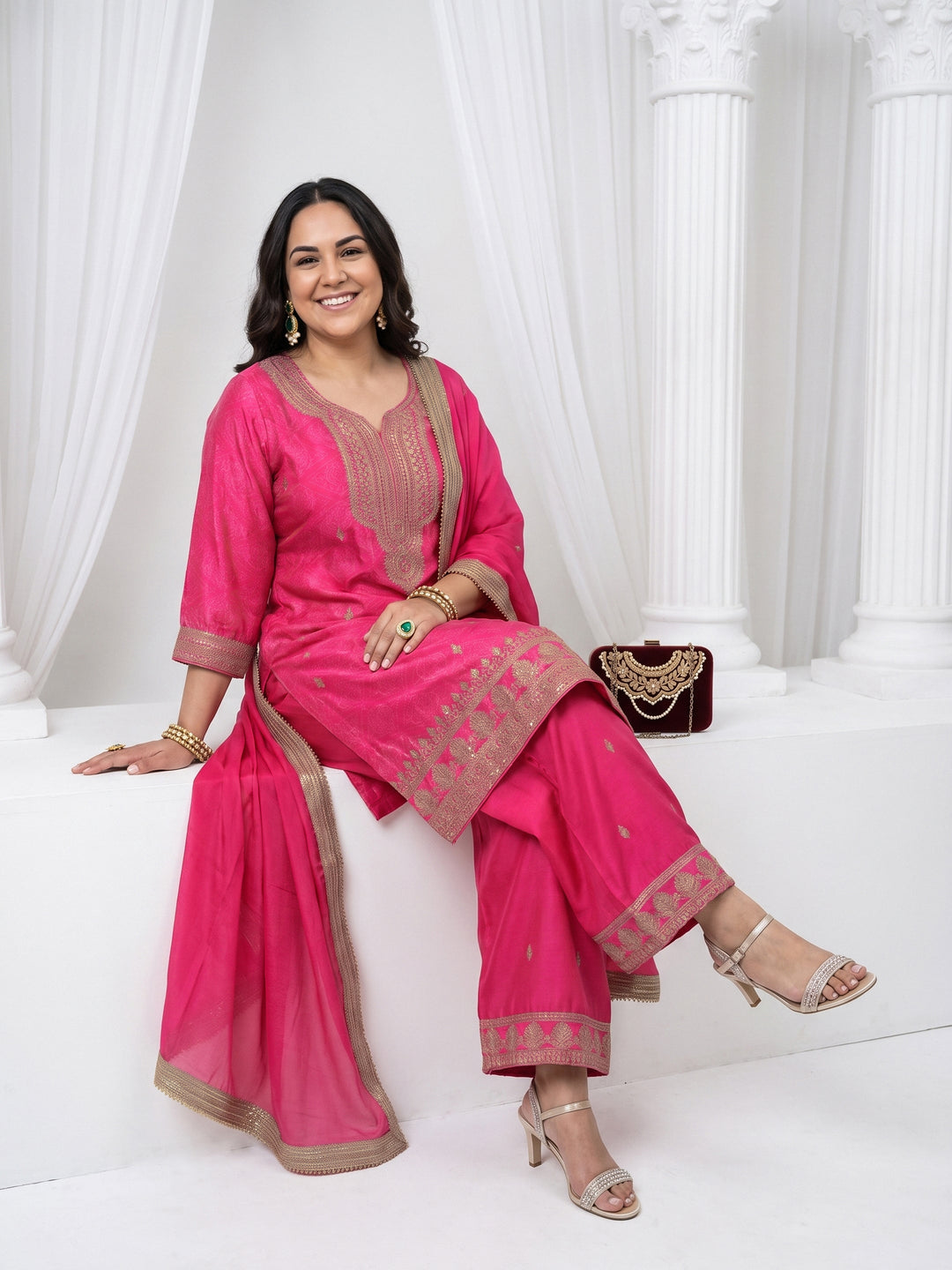  Plus Size Pink Bandhani Printed Silk Blend Palazzo Suit Set 