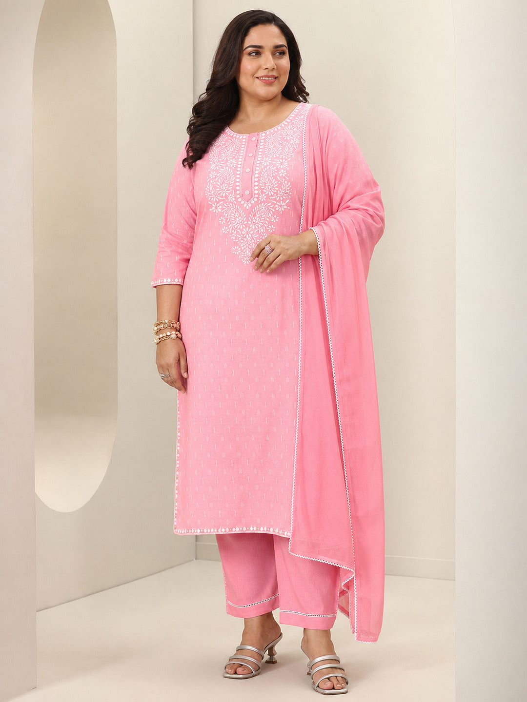 libas Plus Size Pink Embroidered Cotton Straight Suit Sets With Dupatta-picture-27