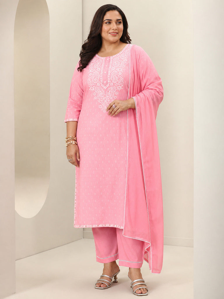 Plus Size Pink Embroidered Cotton Straight Suit Sets With Dupatta