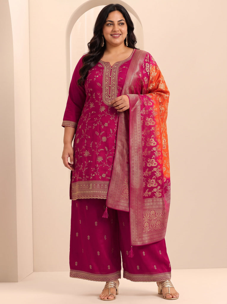 Plus Size Pink Embroidered Silk Blend Straight Suit Set With Dupatta