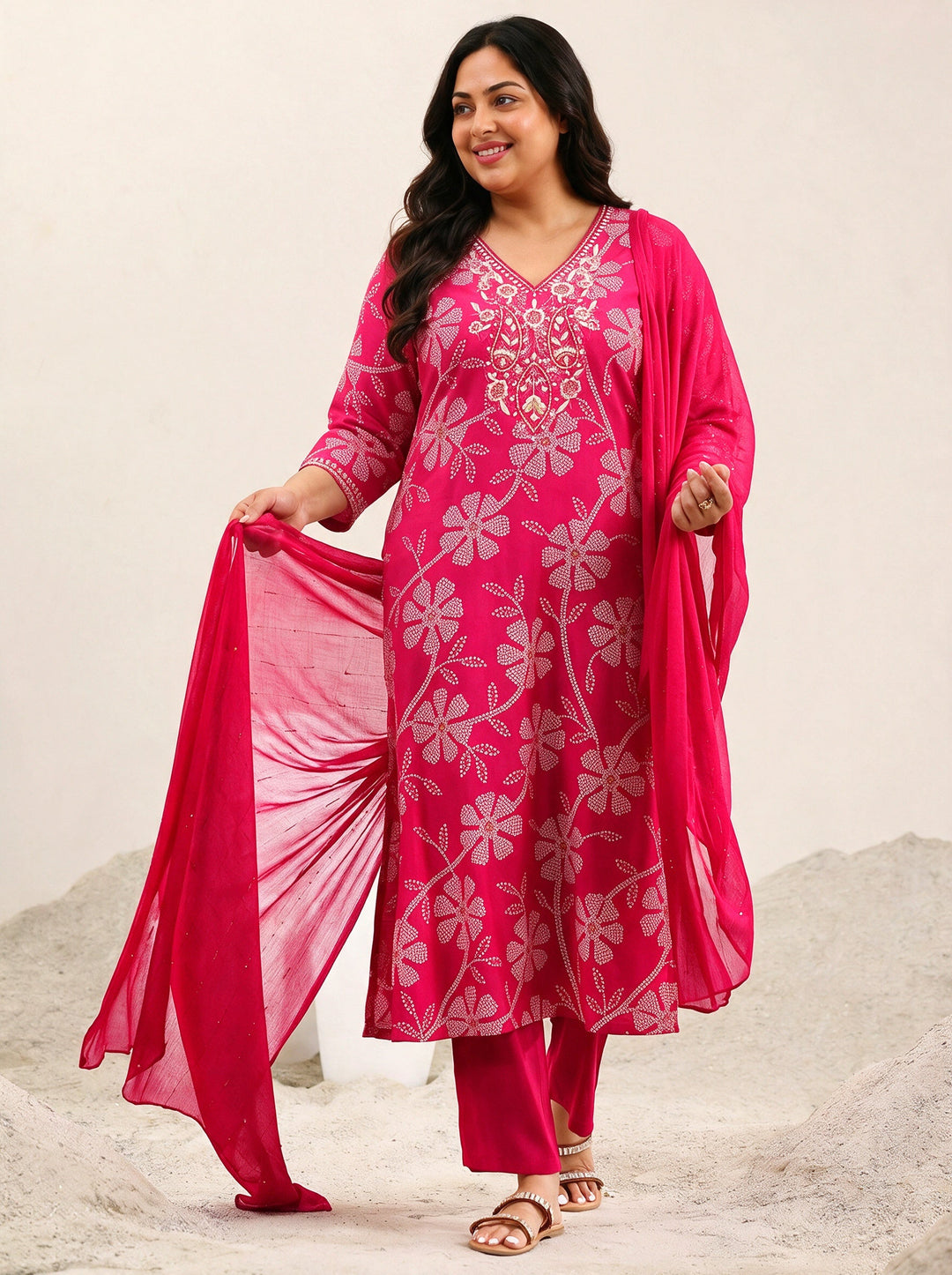 Plus Size Pink Floral Bandhani Printed Silk Blend Straight Suit Set