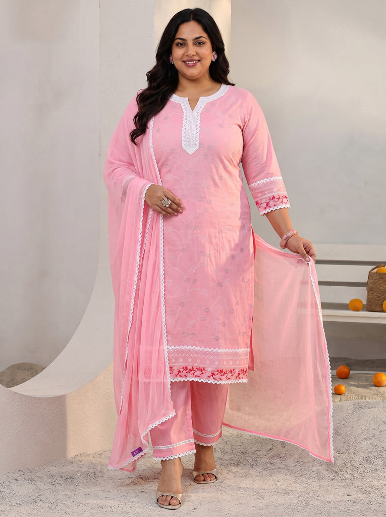 Plus Size Pink Floral Embroidered Cotton Straight Suit Set With Dupatta