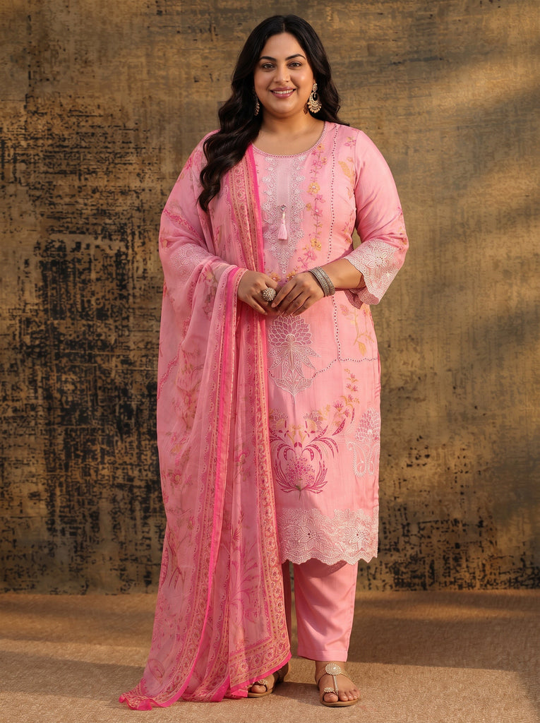 Plus Size Pink Floral Embroidered Crepe Straight Suit Set