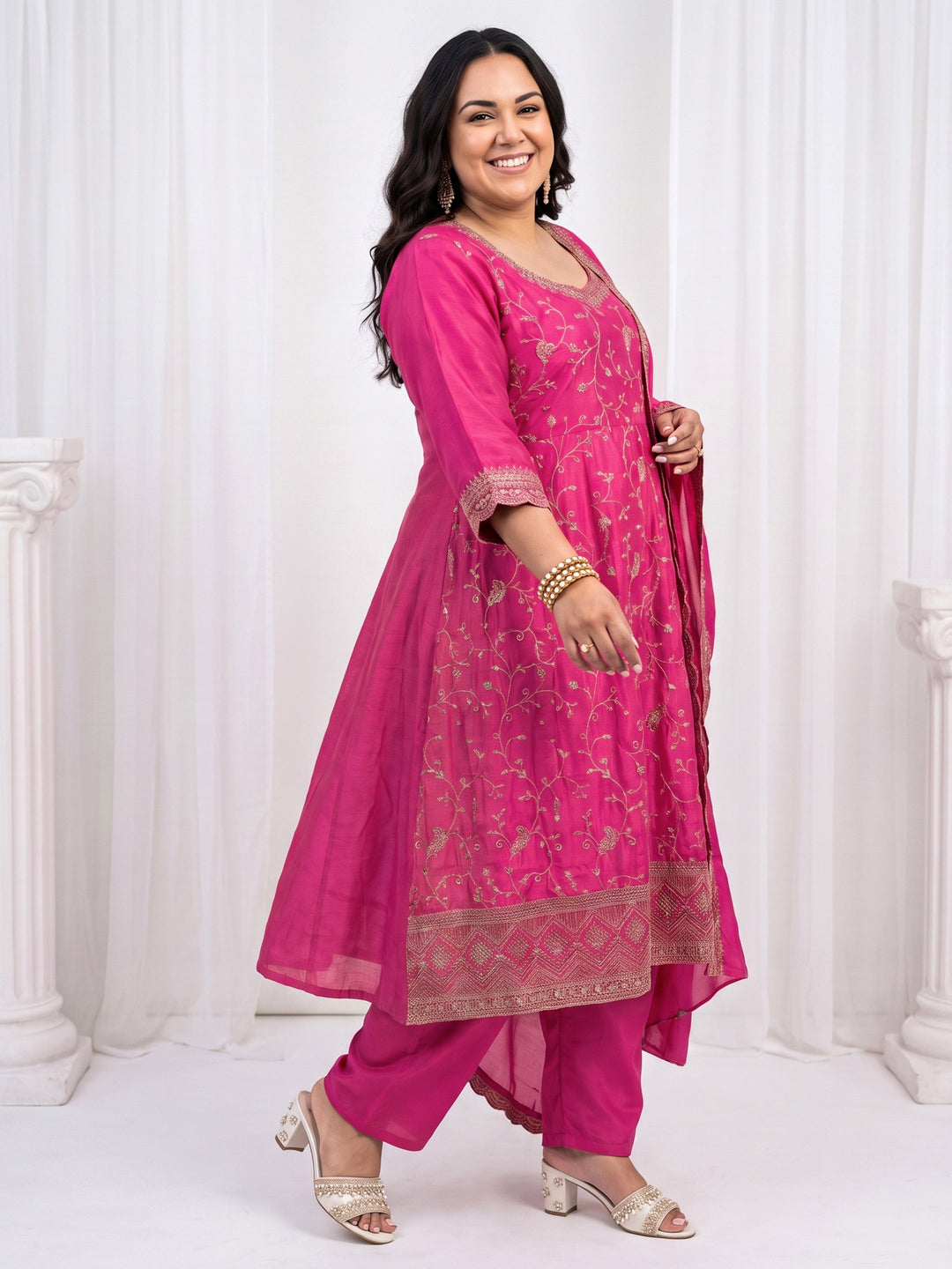 Plus Size Pink Floral Embroidered Silk Blend Anarkali Suit Set
