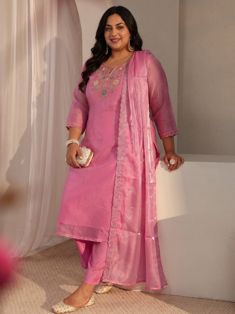 Plus Size Pink Floral Embroidered Tissue Straight Suit Set With Dupatta