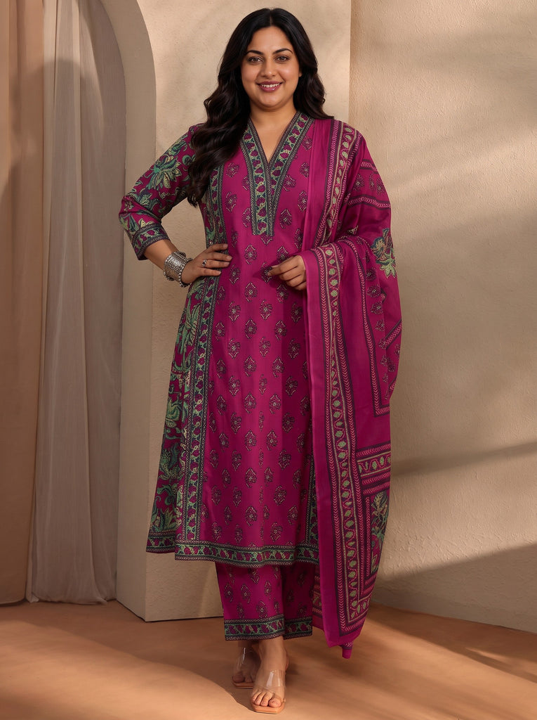 Plus Size Pink Floral Printed Cotton Blend A-Line Suit Set With Dupatta
