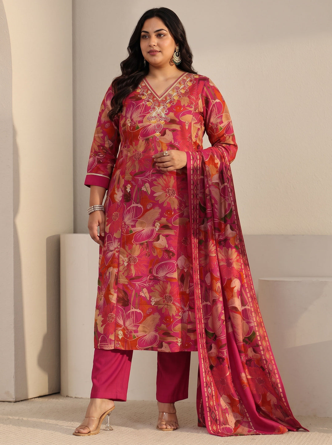  Plus Size Pink Floral Printed Cotton Blend Straight Suit Set 