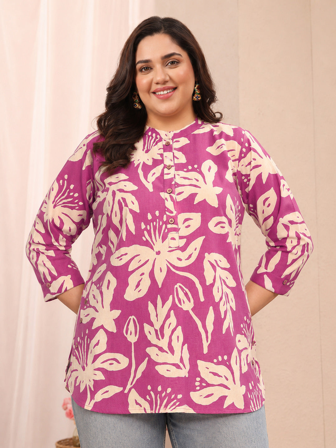 libas Plus Size Pink Floral Printed Cotton Straight Short Kurti-picture-11