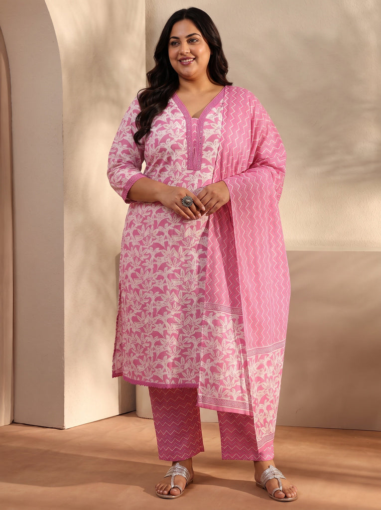Plus Size Pink Floral Printed Cotton Straight Suit Set With Dupatta