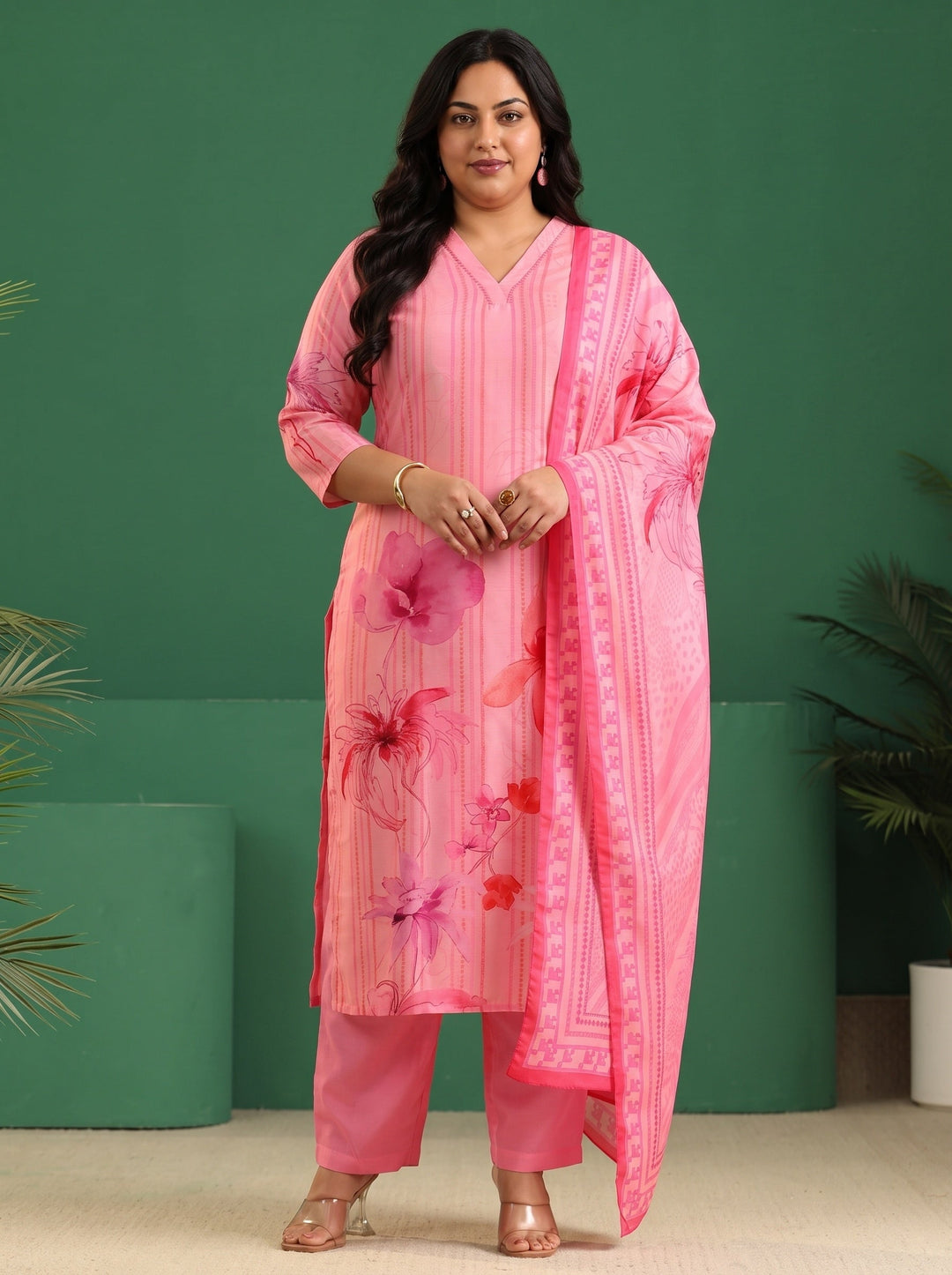 Plus Size Pink Floral Printed Muslin A-Line Suit Set