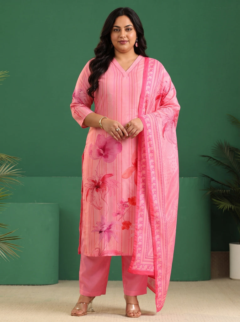 Plus Size Pink Floral Printed Muslin A-Line Suit Set