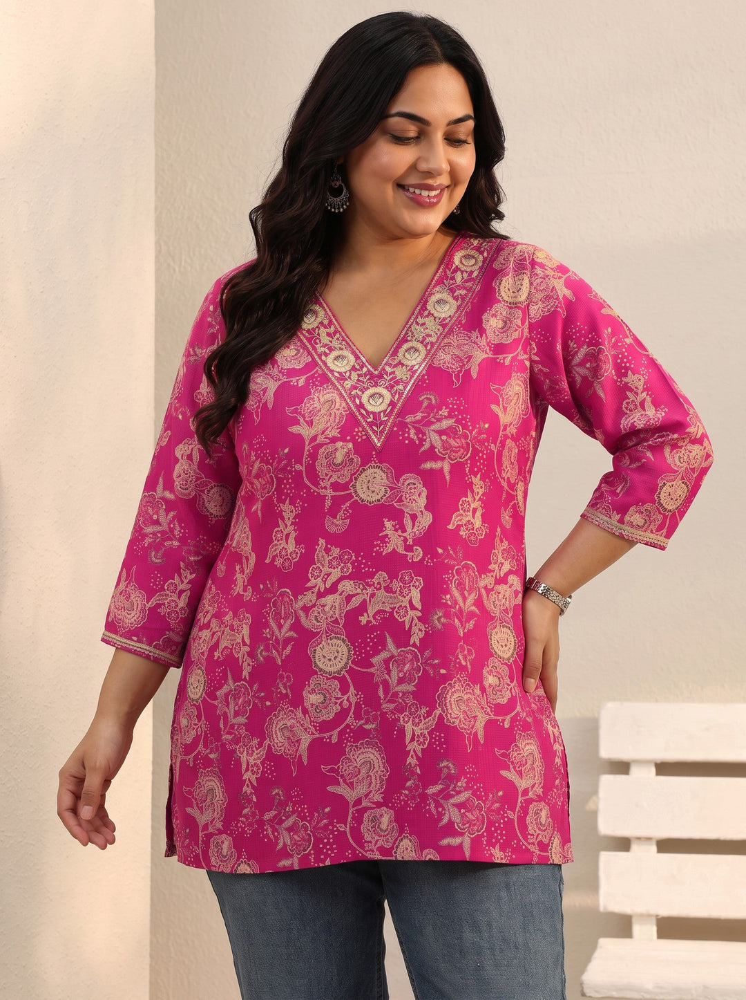  Plus Size Pink Floral Printed Silk Blend Straight Short Kurti 