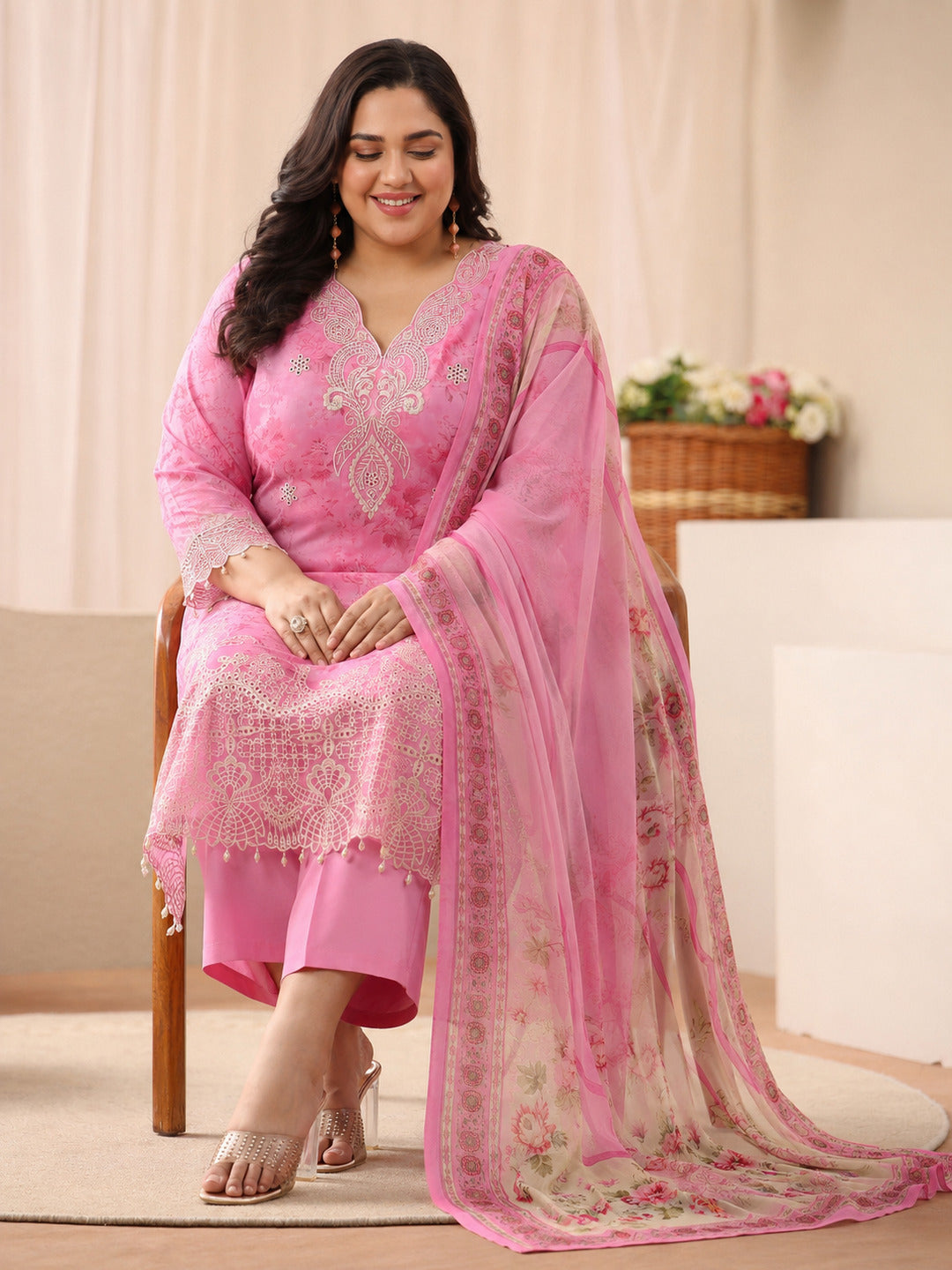 libas Plus Size Pink Floral Printed Silk Blend Straight Suit Set-picture-28
