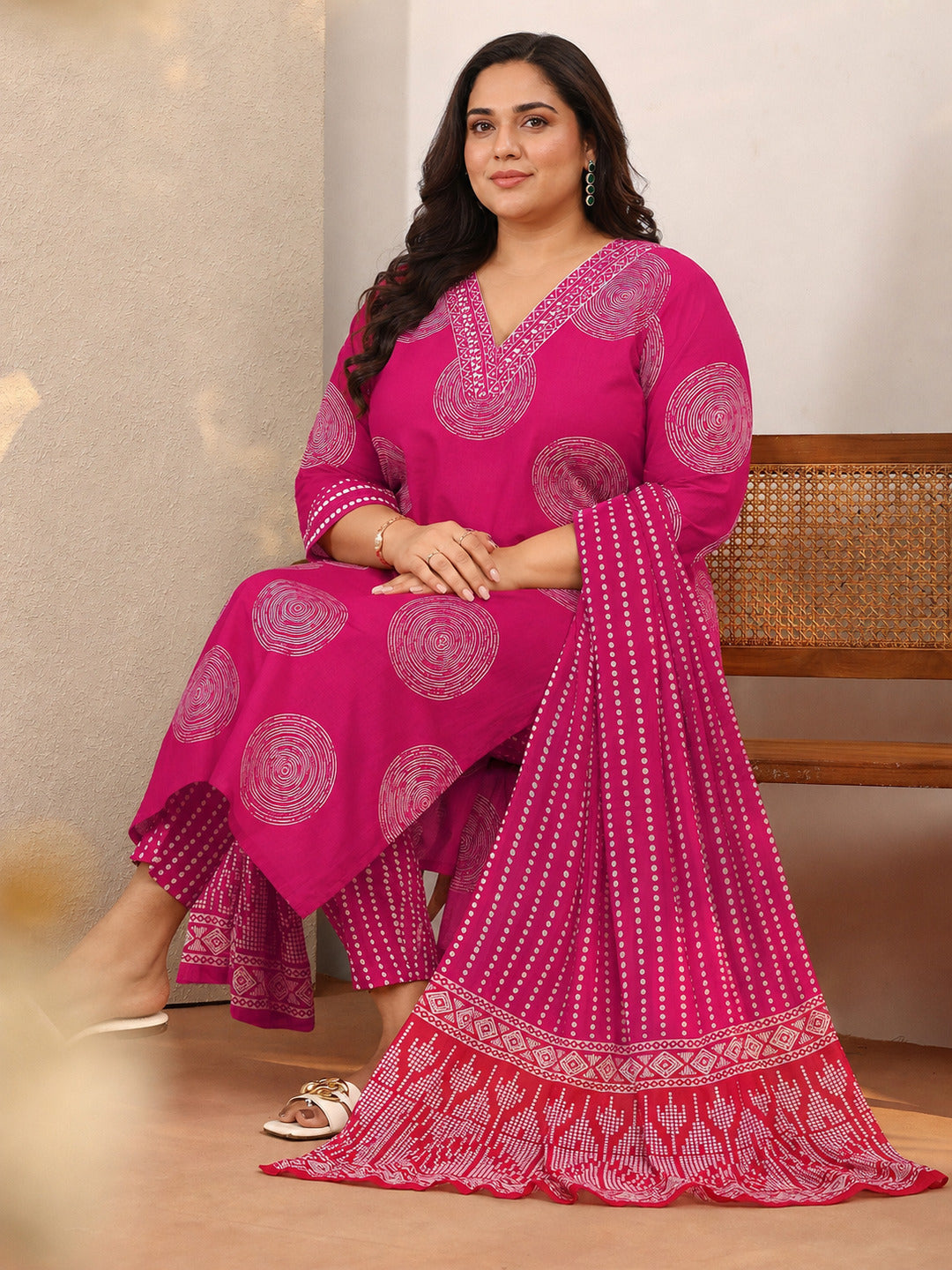 libas Plus Size Pink Geometric Printed Cotton Suit Set With Dupatta-picture-47