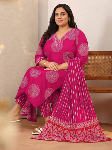 Plus Size Pink Geometric Printed Cotton Suit Set With Dupatta