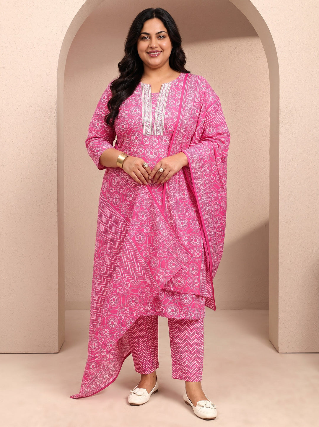 Plus Size Pink Printed Cotton Blend Straight Suit Set With Dupatta