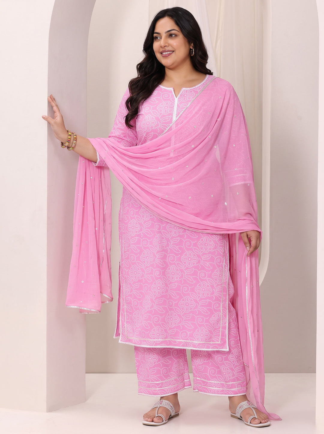 Plus Size Pink Printed Cotton Straight Suit Set With Dupatta