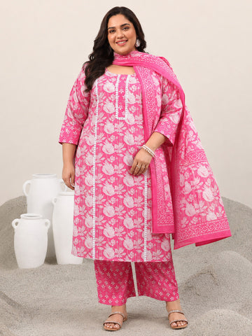 Plus Size Pink Printed Cotton Straight Suit With Dupatta