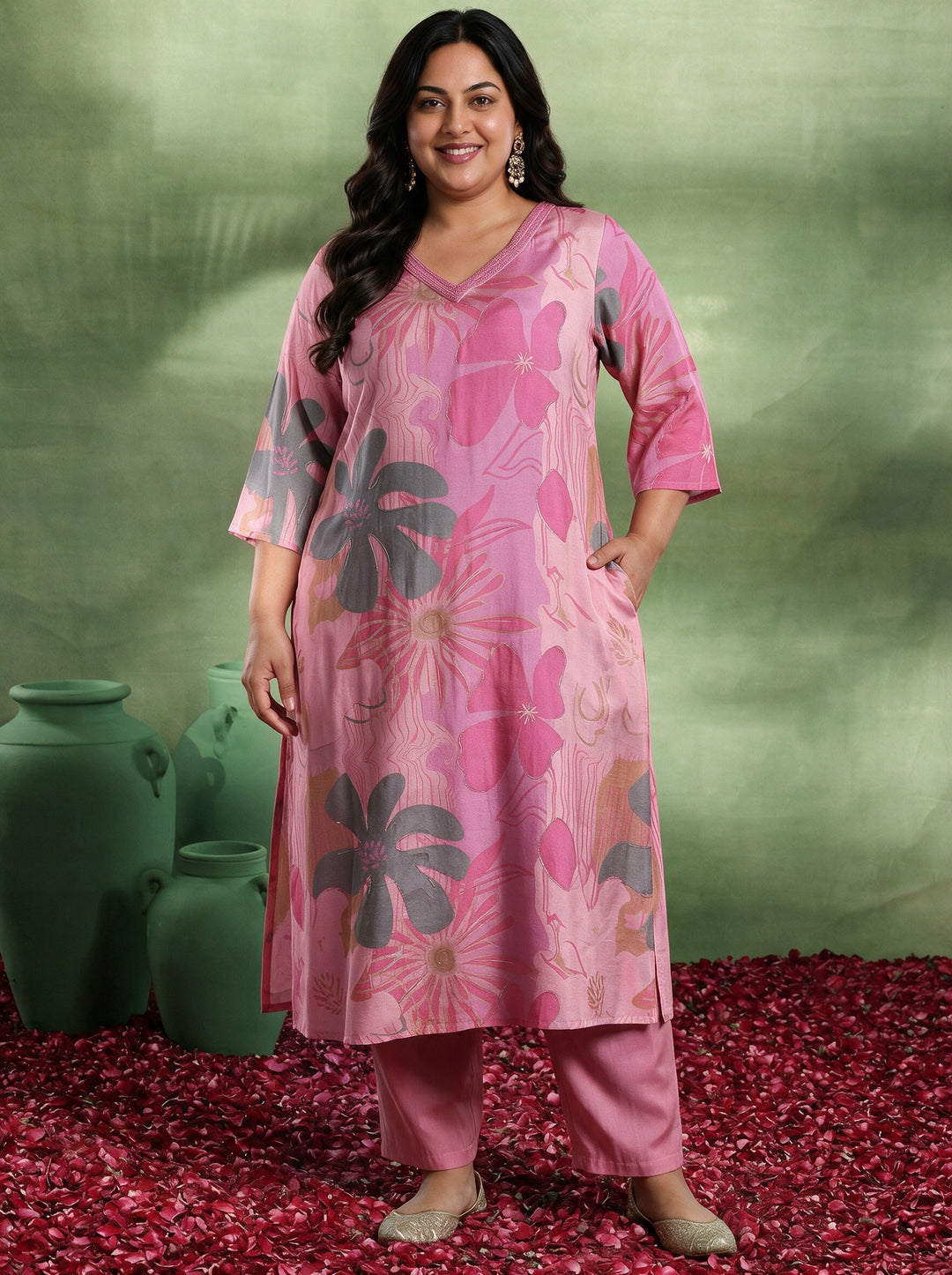 Plus Size Pink Printed Silk Blend Co-Ords