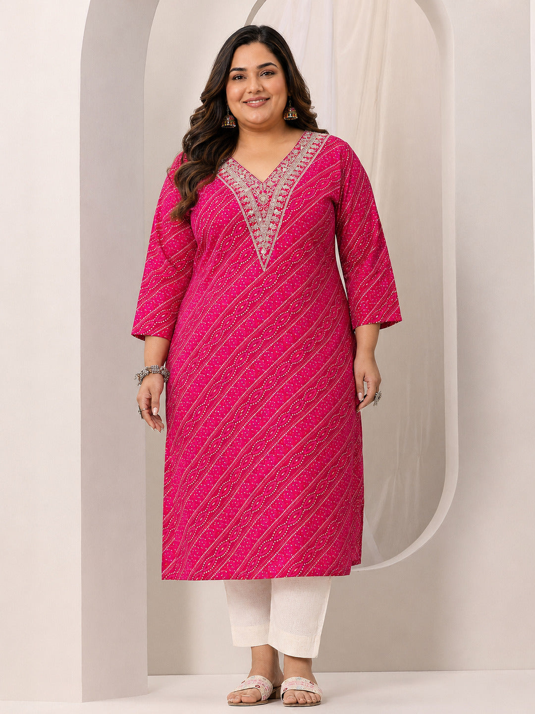  Plus Size Pink Printed Silk Blend Straight Kurta 