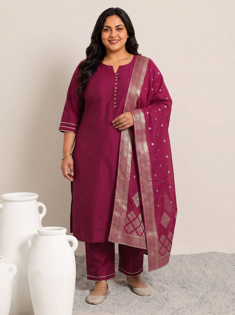 Plus Size Pink Solid Silk Blend Straight Suit With Dupatta