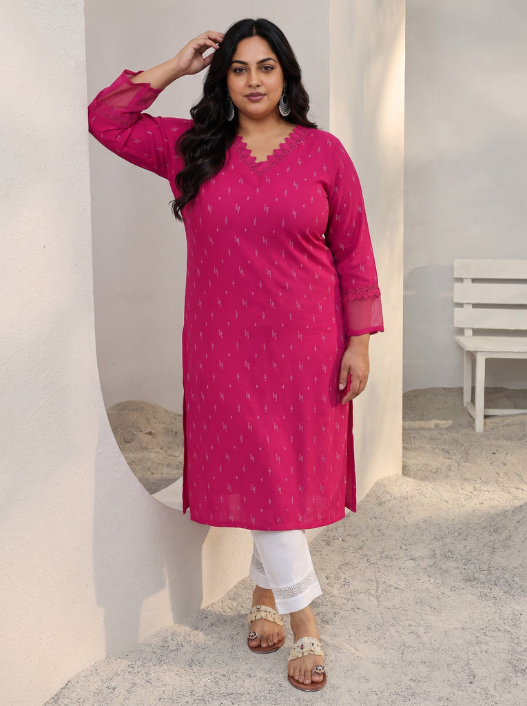 Plus Size Pink Woven Design Rayon Straight Kurta