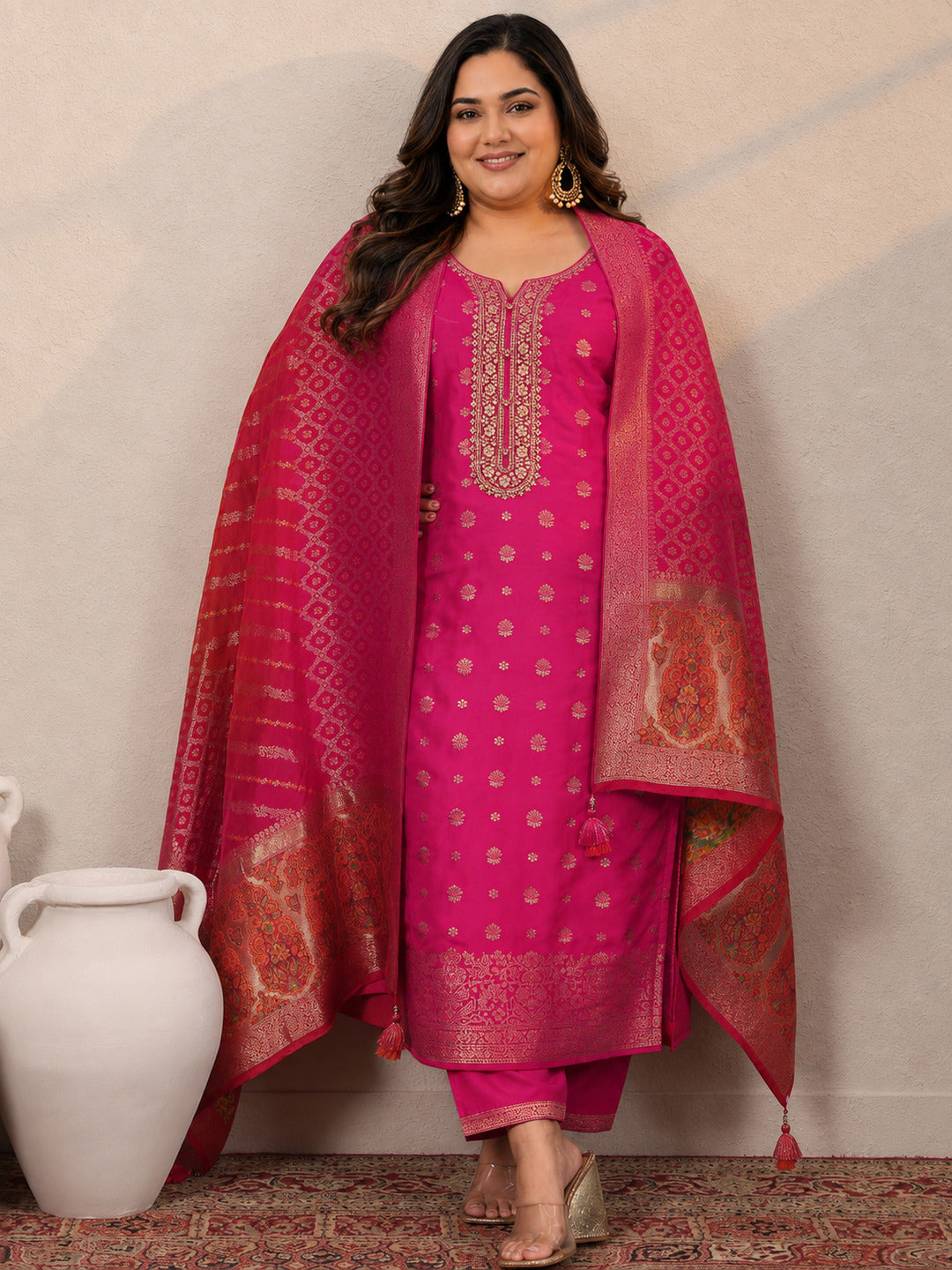 Plus Size Pink Woven Design Silk Blend Straight Suit Set With Dupatta 