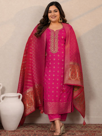 Plus Size Pink Woven Design Silk Blend Straight Suit Set With Dupatta